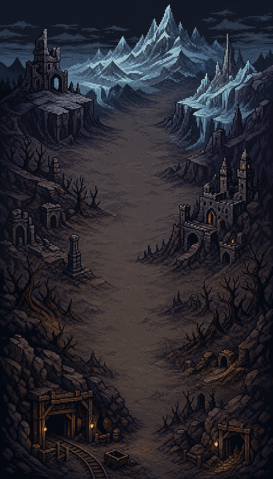 A winding pixel art route through mountains, ruins, and dungeon entrances